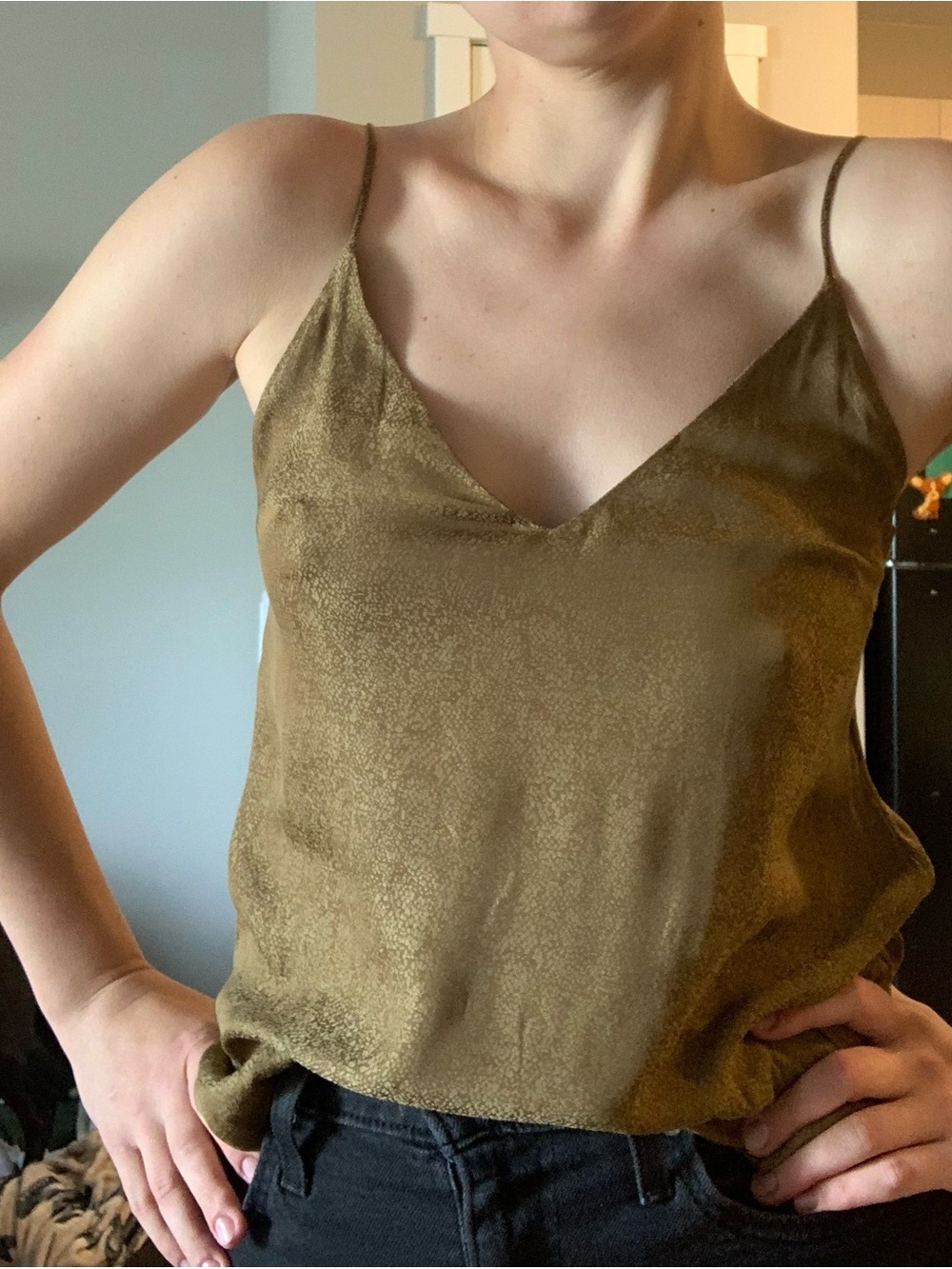 H&M Olive Satin V-Neck Cami with Spaghetti Straps
